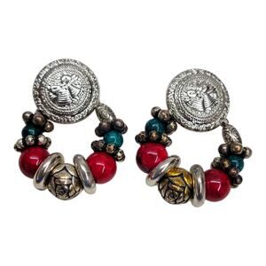Vintage 80s Southwestern Chunky Beaded Earring Jacket Stud Dangle Clip Earrings